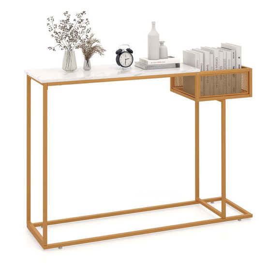 RELAX4LIFE Table Console 120 x 32 x 89 CM avec Plateau Blanc en Faux Marbre, Console Meuble Entrée avec Cadre en Métal, Kit Anti-Basculement, pour Couloir, Salon, Chambre