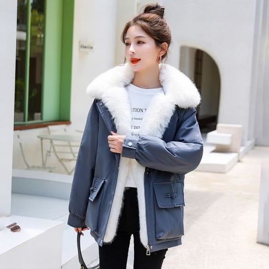 Doudoune femme VITATA col peluche hiver chaud doublure polaire  épaisse gris bleu