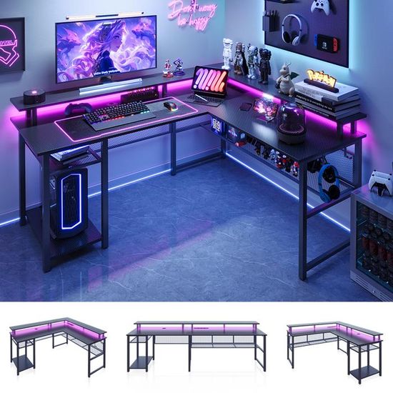 Bureau Gaming En L Avec LED RGB, 2 Prises + USB, 132 X 80 Cm – Bureau D'Angle Avec Rangement Pour PC