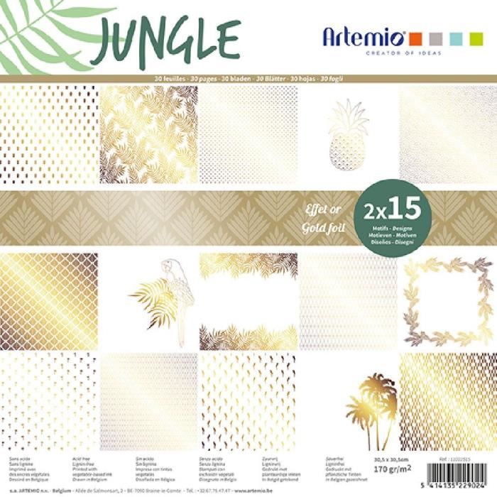 Bloc de 30 feuilles de papier scrapbooking 30x30 cm 'Jungle foil or' d'Artemio
