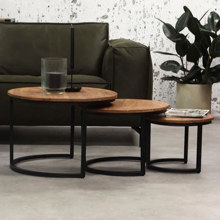 Table basse Industrielle Set De 3 Nolan Métal et Bois De Manguier