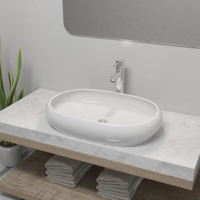 Vasque Salle de Bain Lavabo Vasque en Céramique Blanc Vasque à Poser Ovale Blanc -PAI