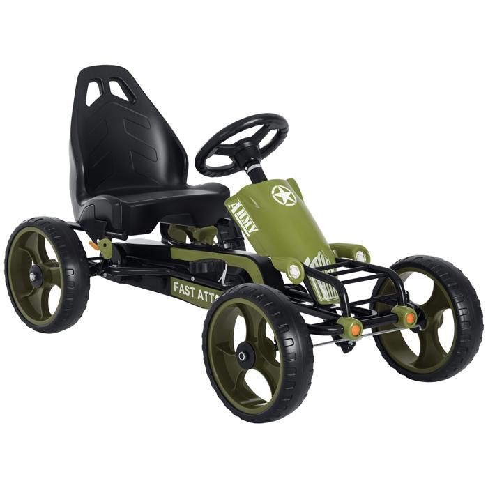 Vélo et véhicule pour enfants kart à pédales militaire siège réglable frein manuel roues AR EVA acier vert noir 25 105x54x61cm Vert