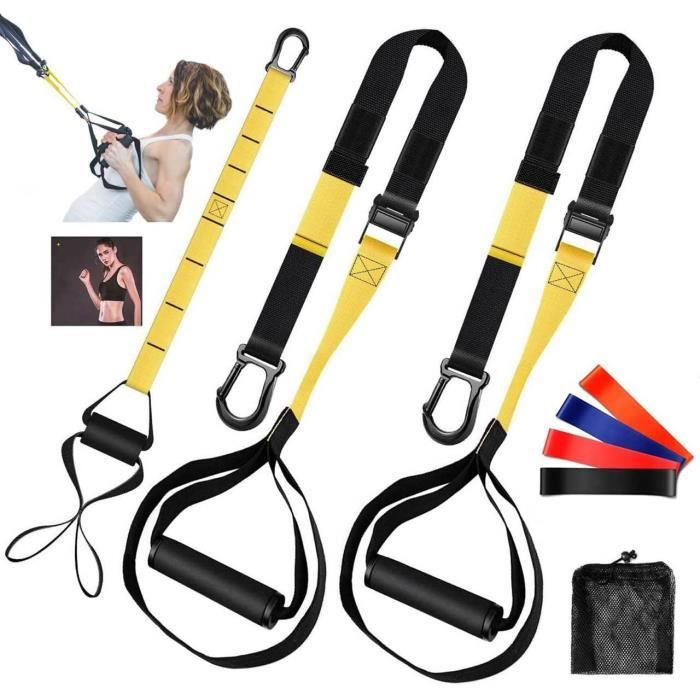 INTEY Kit d'Entraînement en Suspension avec 2 Sangles de Suspension à Longueur Réglable + 1 Ancrage de Porte + 4 Bandes Élastiques