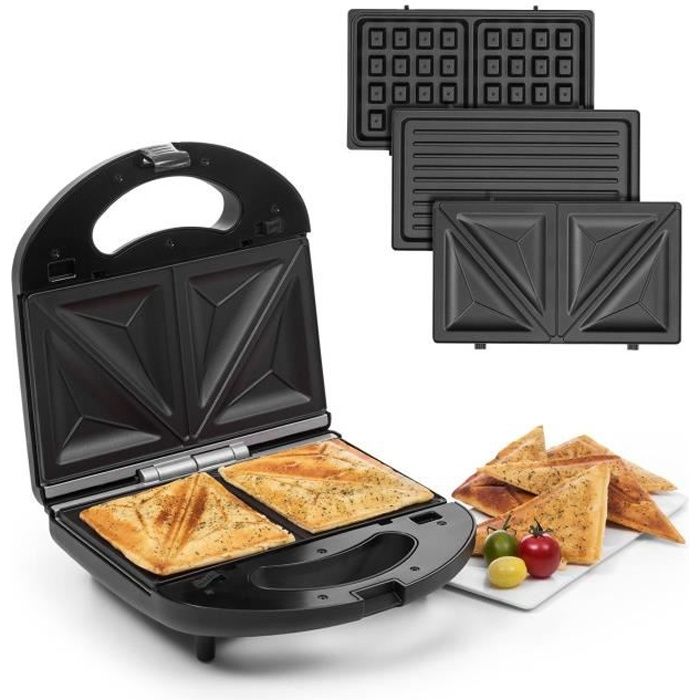 Klarstein Trilit Presse à sandwichs - Gaufrier 3 plaques - Témoin LED - Revêtement antiadhésif - Noir