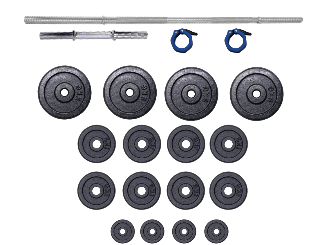 Set barres + haltères 50 KG en acier - FITLIFE - Tout Inclus ( barres, disques, stoppers, etc )