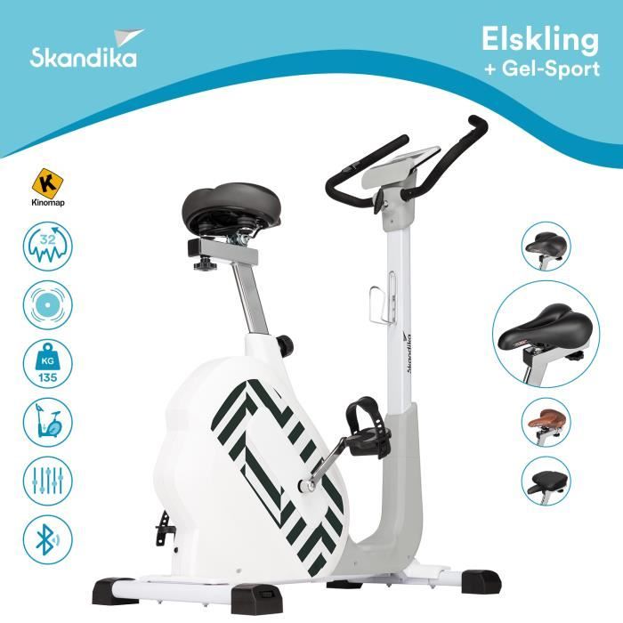 Skandika Elskling - Vélo d'appartement avec Selle Gel Sport - 24 Prog. - 32 Niveaux - Bluetooth - Blanc