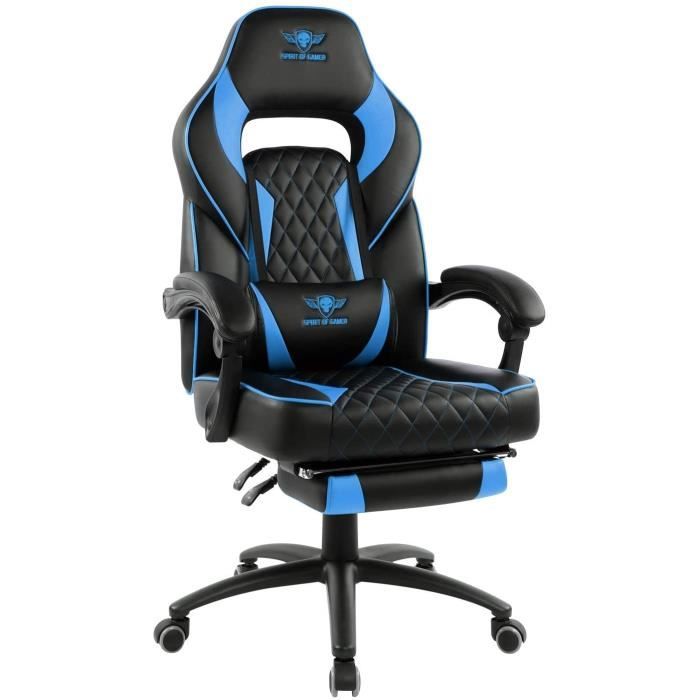Spirit Of Gamer – Mustang Series Bleu – Chaise Gaming - Simili Cuir capitonné  – Repose Pieds – Coussins– Inclinable 135°