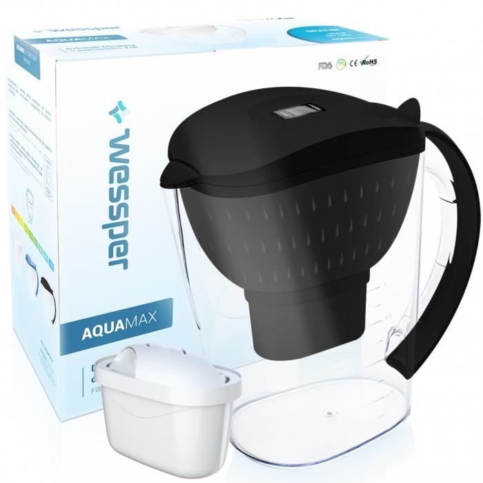 WESSPER Carafe filtrante Aquamax 3,5L +1 Cartouche Filtrante, Compatible avec Brita Maxtra, noire
