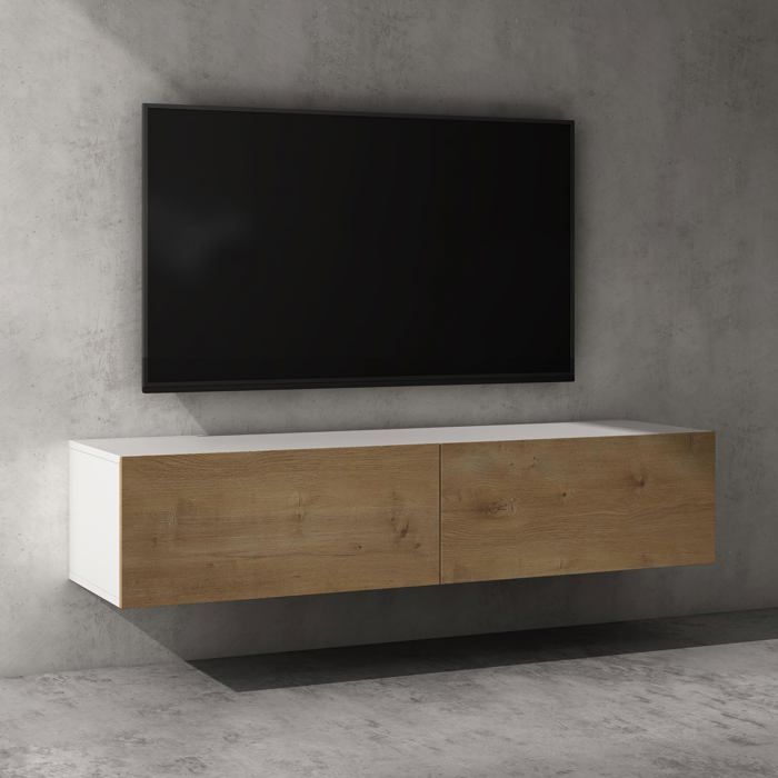 doporro Meuble TV Bas 140 cm Armoire TV Blanc Mat + Marron Clair Table de Télévision Salon avec 2 Portes Meuble TV Suspendu MBTV02