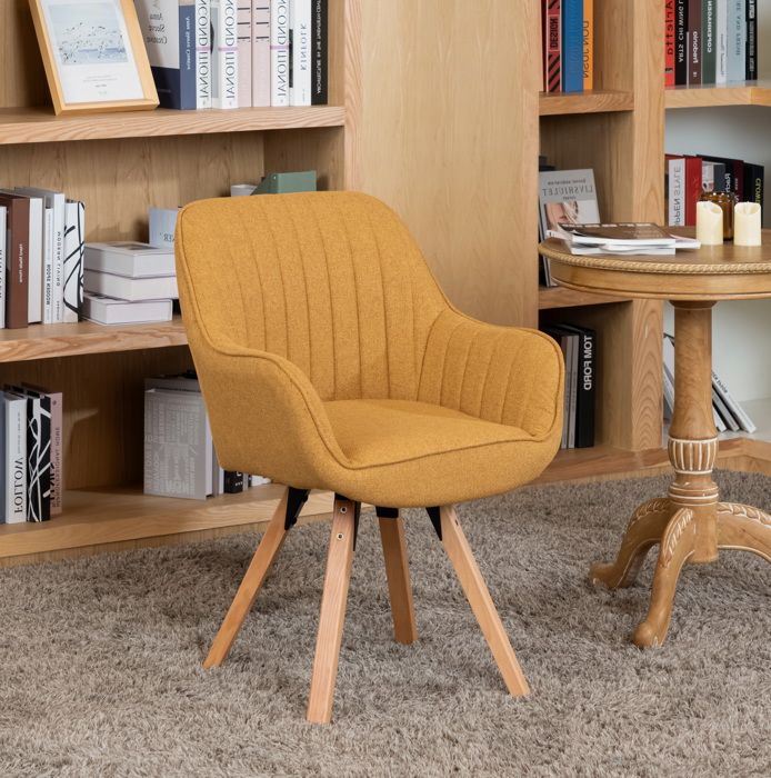MEUBLES COSY Fauteuil de Bureau Rotatif Tissu Jaune et Pied en Bois de HêtreStyle ScandinaveCARSON