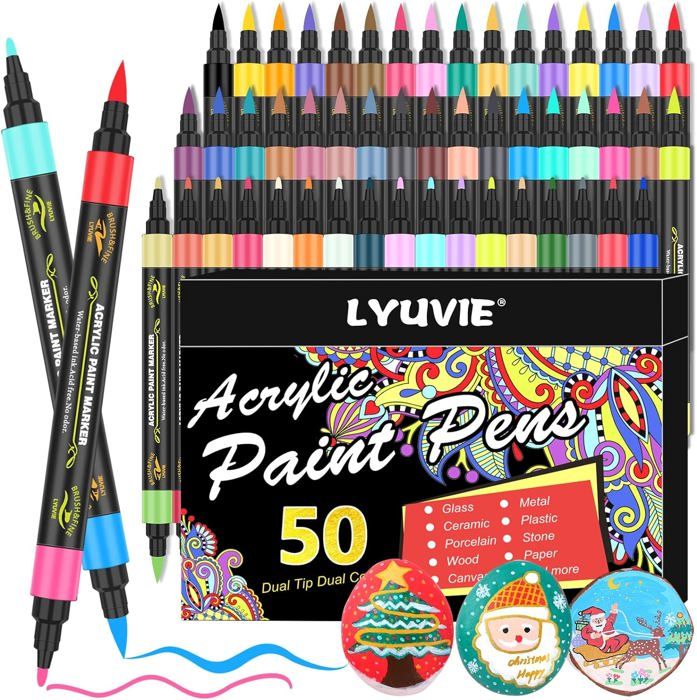 Feutres Acryliques 48 Couleurs - Double Pointe (fine Et Pinceau) - Pour Bois, Verre, Toile, Céramique - 8