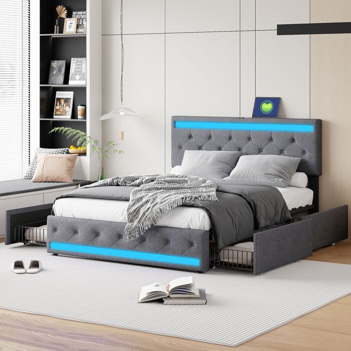 KRYZOR Lit 140x200 avec Sommier éclairage LED, Lit Coffre 140x200 avec 4 Tiroirs, Lits Double rembourré avec Grand Rangement, Lits tiroirs pour Adultes et Adolescents, PU (Beige, 140x200cm