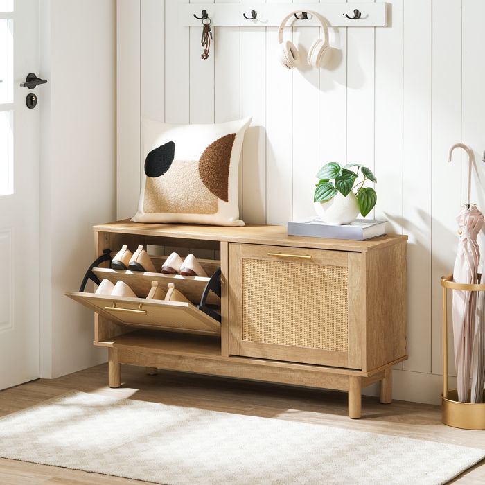 HOOBRO Banc à Chaussures Banc d’Entrée avec 2 tiroirs rabattables Meuble à Chaussures avec décoratif en rotin Plateau spacieux