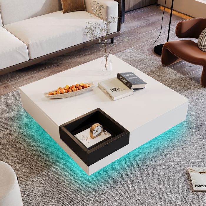 Table basse blanche brillante, table d'appoint avec éclairage LED, espace de rangement caché et