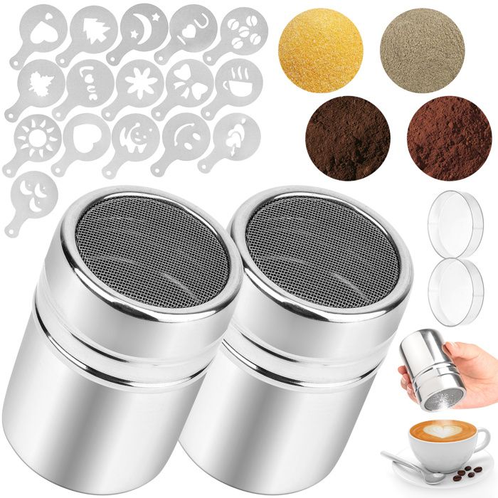 Saupoudreur En Acier Inoxydable Avec 16 Pochoirs à Café - Pour Sucre Glace, Cacao, Cannelle - Tamis Fin