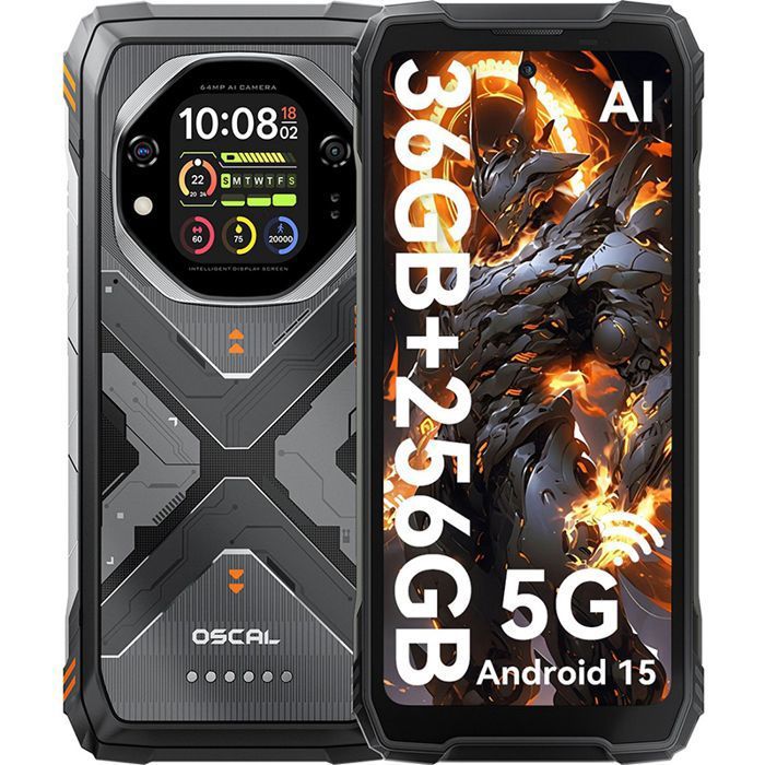 Oscal TANK 1 Téléphone Portable Incassable 20000mAh Smartphone Android 15 6.78 2.4K 36Go+256Go 64MP NFC Dual SIM GPS - Orange