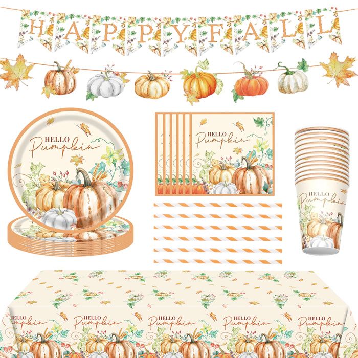 Ensemble de décorations de fête dautomne à la citrouille comprenant des assiettes des serviettes des gobelets une bannière et un
