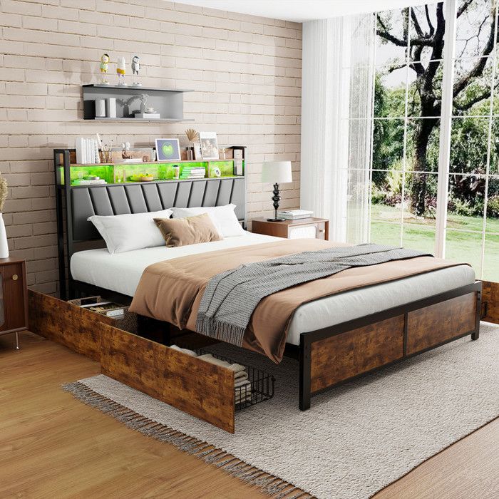 Lit 160 x 200 cm avec sommier et tiroirscadre de lit double avec USB et LEDsommier en métal avec 4 tiroirs de rangementmarron