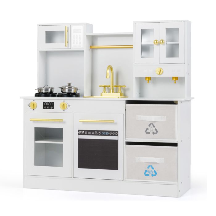 COSTWAY Cuisine Enfants en Bois avec 18 Accessoires & Machine à Café, Micro-Ondes & Étagères, Lumières et Sons, Jouet d'Imitation pour 3 Ans+(Marron
