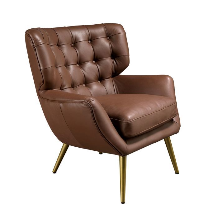 Fauteuil Chester en Cuir Marron Foncé avec Accoudoirs et Pieds en Acier Doré - Design Moderne - 85 x 84 x 85 cm - 5165 ANGEL CERDÁ Fauteuil Chester en Cuir Marron Foncé avec Accoudoirs et Pieds en Acier Doré - Design Moderne - 85 x 84 x 85 cm - 5165 ANGEL CERDÁ