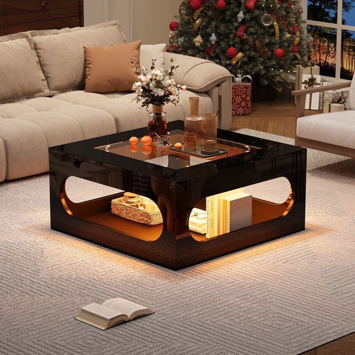 Table basse LED carrée - LEMONBEST - 70x70x35 cm - Plateau verre trempé brillant - LED contrôlable via application - Rangement creux