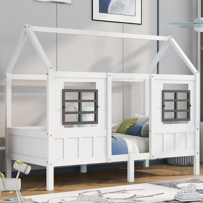 Lit de maison lit simple lit de jour lit denfant avec 2 fenêtres cadre en pin MDF blanc (200x90cm)