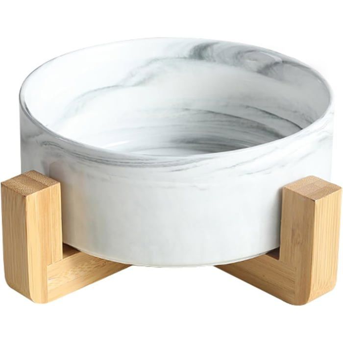 Gamelle ronde en céramique pour chien et chat 414 ml (14 oz) avec support en bois.céramique coloris gris marbré.