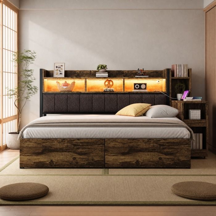 Lit Combiné Une Place 90×200 cm 2 Tiroirs Bureau Coulissant Prises et LED - HAVRYA - Matelas Non Précisé Marron