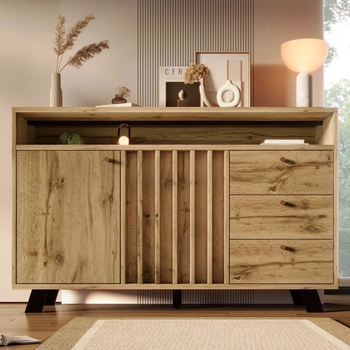 Buffet de Rangement - Memkey - 120 x 40 x 85 cm - Effet Chêne Foncé - 3 Tiroirs 2 Portes Niche Ouverte