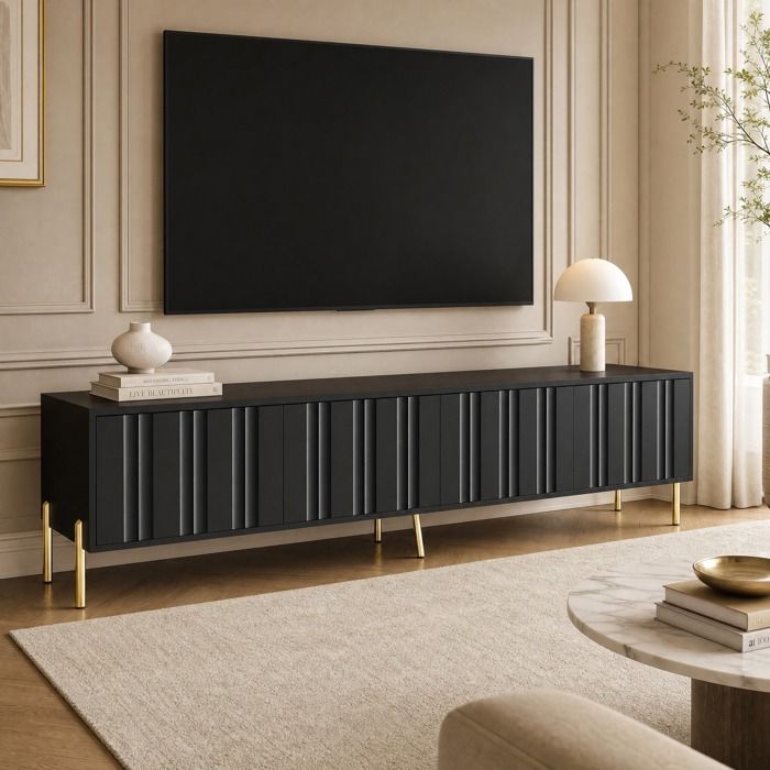 Meuble TV 4 portes 8 étagères avec charnières amorties - ELVMI - Noir pieds dorés 190 × 38 × 48 cm
