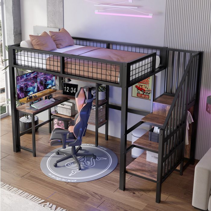 Lit mezzanine enfant 90x200 cm avec bureau étagères et armoire gain de place structure métal et MDF noir marron