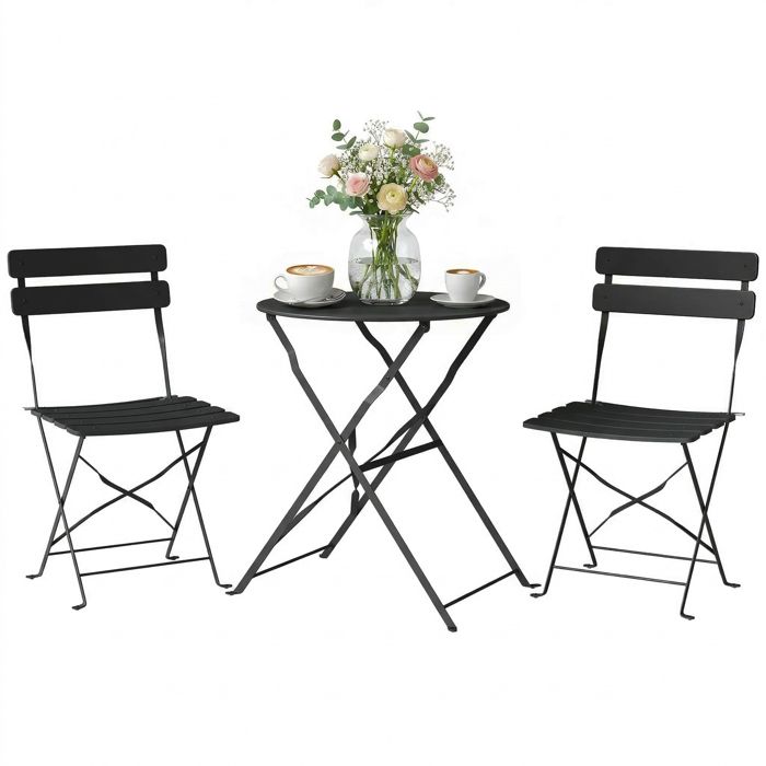 Ensemble bistrot de jardin - 3 pièces - table et 2 chaises pliantes à lattes san montage - métal -42x48x80cm - noir