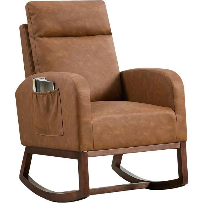 Fauteuil à Bascule-Rocking Chair -GRAVEE-Fauteuil relaxant à bascule-Repose-Pieds Réglable -Dossier Haut pour le salon PU Brun