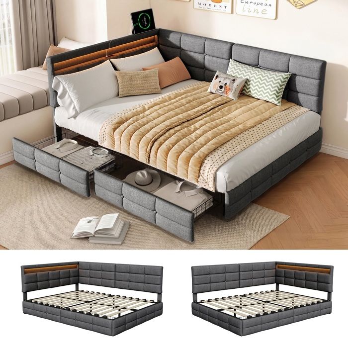 Lit 140x190 cm Lit Rembourré avec LED et USB Lit Double avec Sommier à Lattes Tête de Lit Structure Métal Stable Moderne Gris Lit 140x190 cm Lit Rembourré avec LED et USB Lit Double avec Sommier à Lattes Tête de Lit Structure Métal Stable Moderne Gris