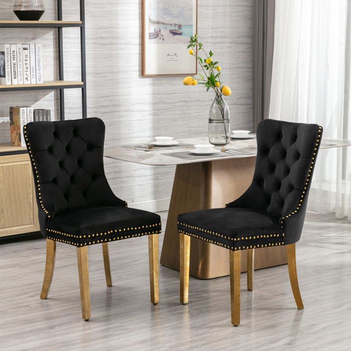 Chaise en velours - A&A Furniture - Velours rembourré - Pieds plaqués acier inoxydable doré - Lot de 2 - Noir et or
