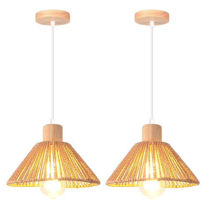 Suspension luminaire - SMOTOP - Rotin brun & bois - Vintage Ø22 cm - Lot de 2