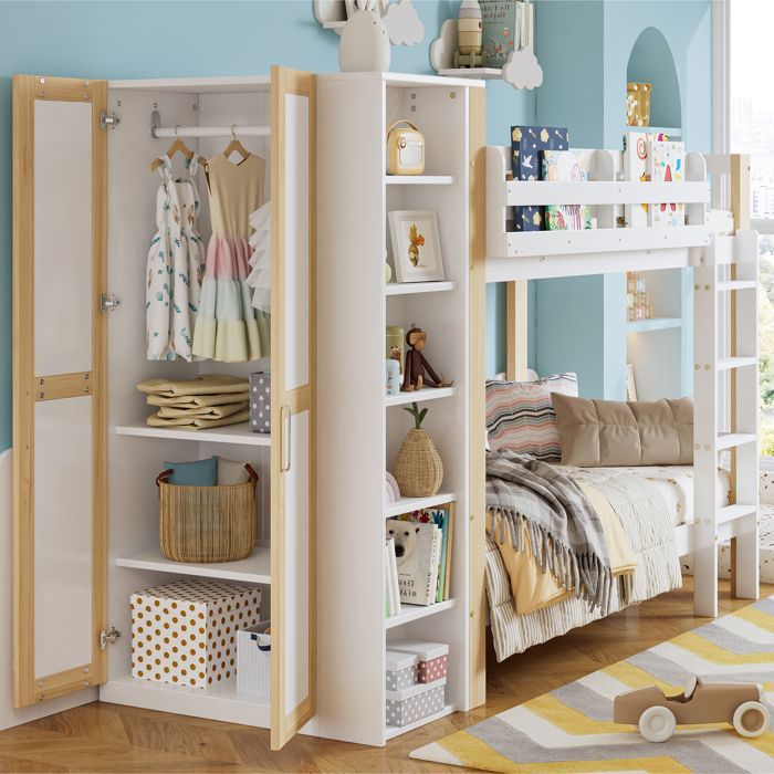 Lit superposé - Becag - Lit Enfant 90x200cm avec barrières et 6 étagères ouvertes - Lit avec armoire sur le côté - Blanc+Naturel