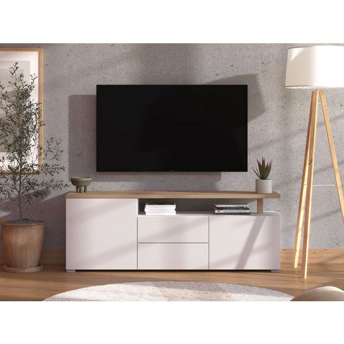 Meuble TV Melzo Dmora en bois mélaminé blanc mat 154x40x56h cm Meuble TV Melzo Dmora en bois mélaminé blanc mat 154x40x56h cm