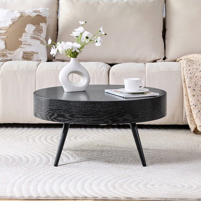 Table basse - Rond 70 cm - Plateau MDF effet bois noir - Pieds métal réglables - Compact petits espaces