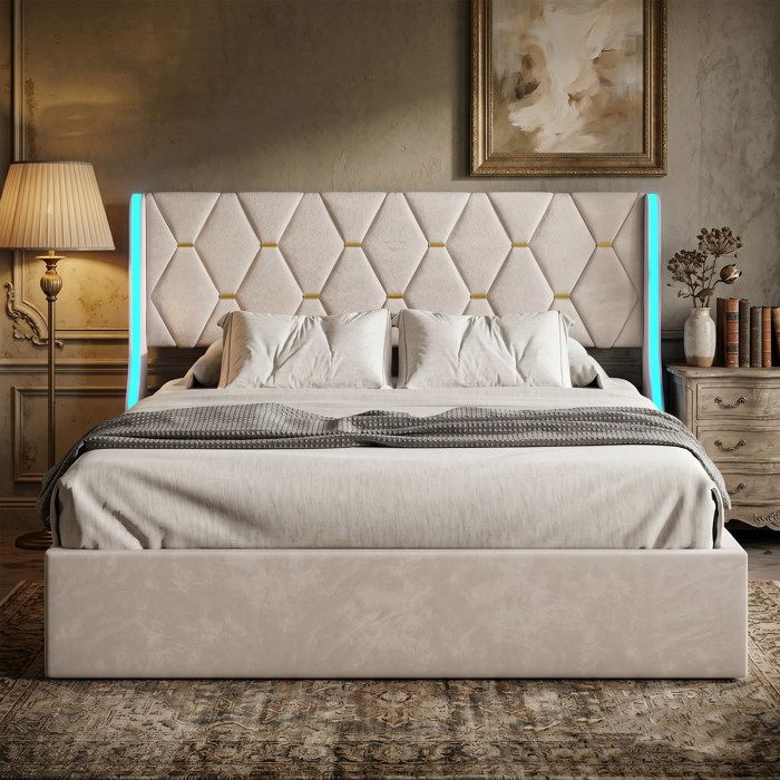 Lit 160x200 avec sommier lit coffre 160x200 cadre de lit 160x200 lit 2 personnes avec LED tissu en velours beige