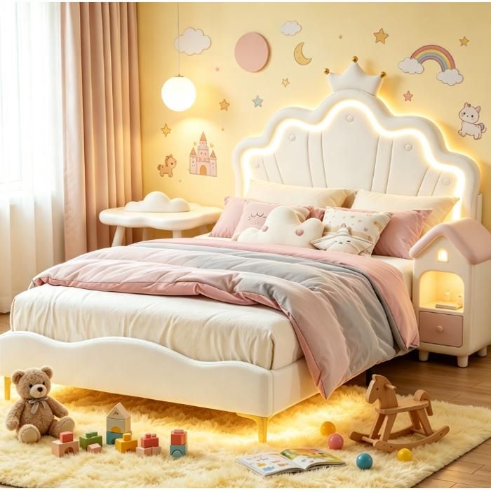 Lit fille rembourré 140x190 cm lit pour enfant avec LED réglable lit princesse avec sommier à lattes PU blanc