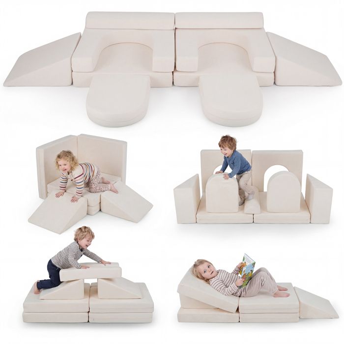 Canapé Enfants Convertible-COSTWAY-Lit Modulable 10 Pièces Mousse Suédée Housses Amovibles Lavables Grimper Ramper 3+ Ans Beige