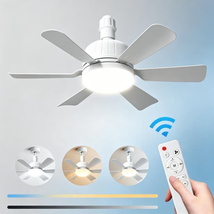 Ventilateur Luminaire E27 Silencieux 6 Pales Moteur Sans Balais 3 Couleurs Lumière Minuterie Pour Chambre Enfant Salon Bureau