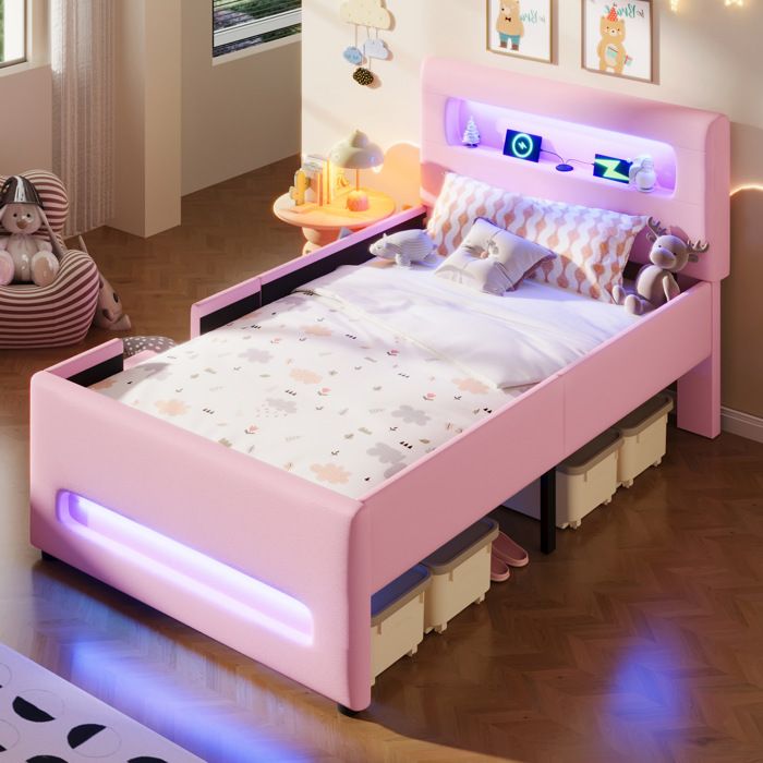 COVREO Lit plateforme rembourré 90 x 200 cm rose LED intégrée tiroirs de rangement PU et MDF