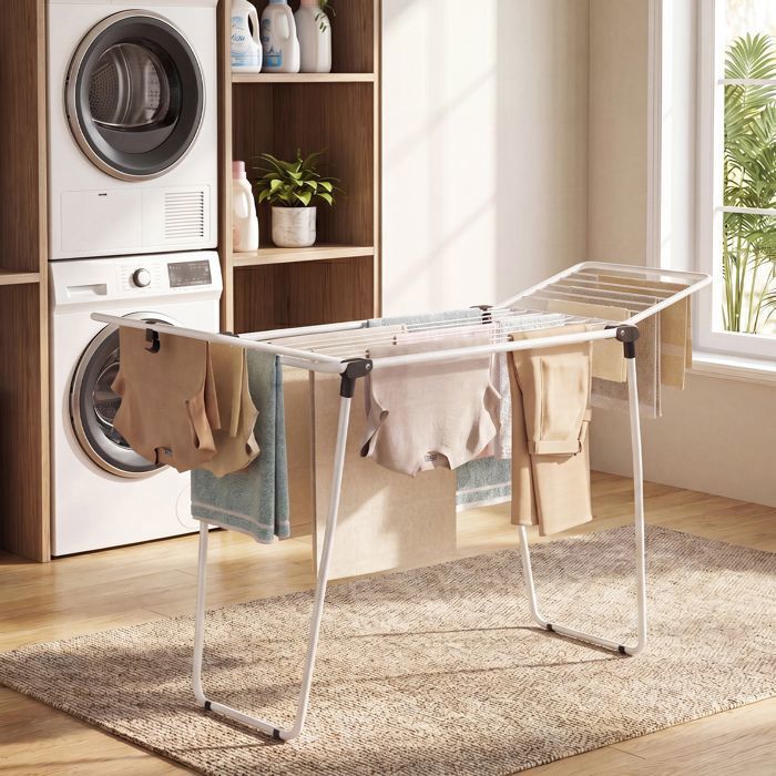 Étendoir à Linge Pliable Gain de Place 158 x 53 x 93 cm avec Porte-chaussettes Blanc