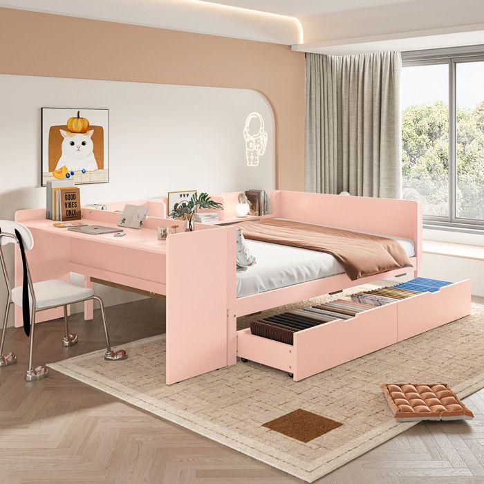 Modenuit Lit combiné 140 x 200 cm avec bureau 2 tiroirs 3 étagères pin et panneau de particules rose