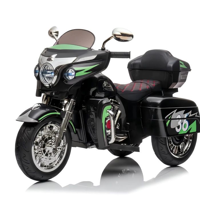 Moto Électrique pour Enfants 12V - Tricycle avec Démarrage à Clé Phares LED Musique et Coffre de Rangement - 110x48x68 cm