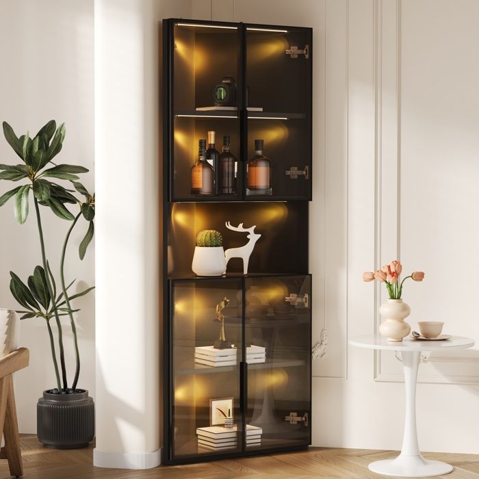 Vitrine d’Angle LED 160 cm avec Éclairage Intégré et 4 Portes – Colonne Vitrée en Verre Trempé - Noir