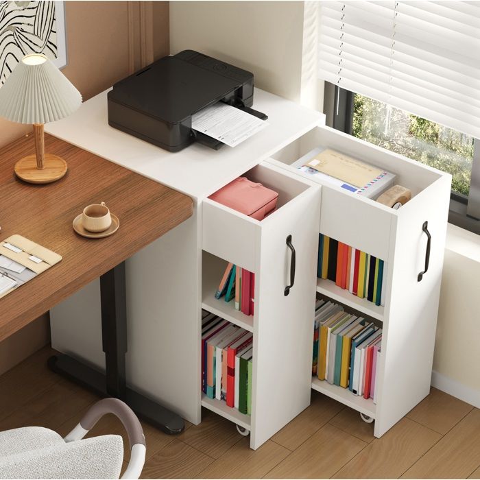Bibliothèque à Roulettes avec 2 Tiroirs et 2 Étagères Configuration Réversible - ELVMI - Chambre Bureau Blanc 52×50×75 cm
